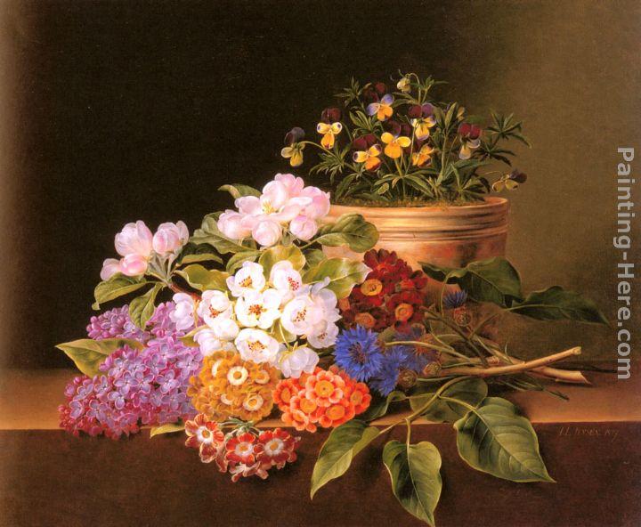 Johan Laurentz Jensen Apple Blossoms, Lilac, Violas, Cornflowers and Primroses on a Ledge